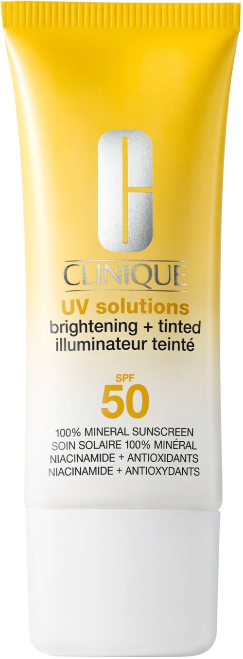 Gul tub med Clinique UV solskydd med SPF 50, ger ljusgörande, tonad och mineralskydd.
