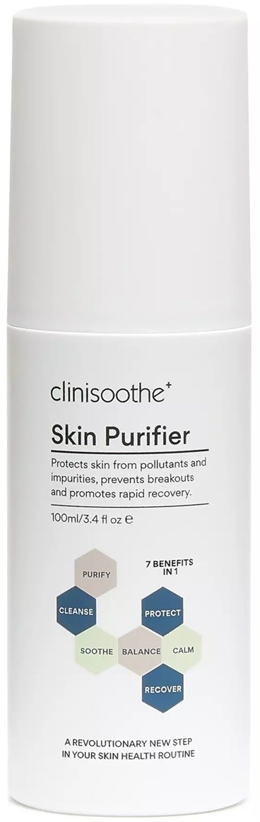 White bottle labeled Clinisoothe Skin Purifier, promotes skin healing and reduces impurities.
