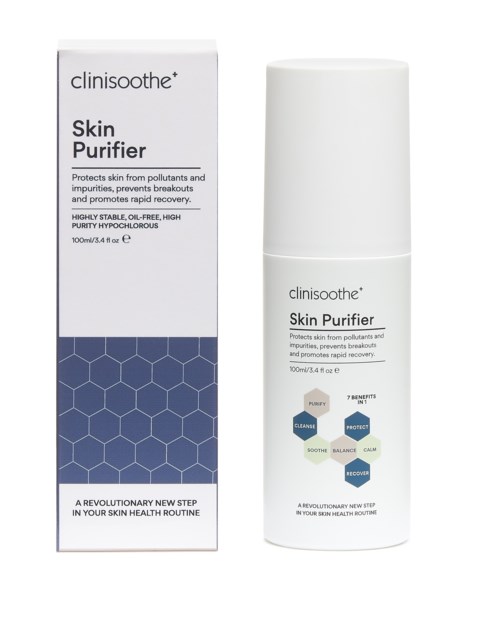 A box and bottle of Clinisooth Skin Purifier, with blue and white design, claiming to protect and improve skin.