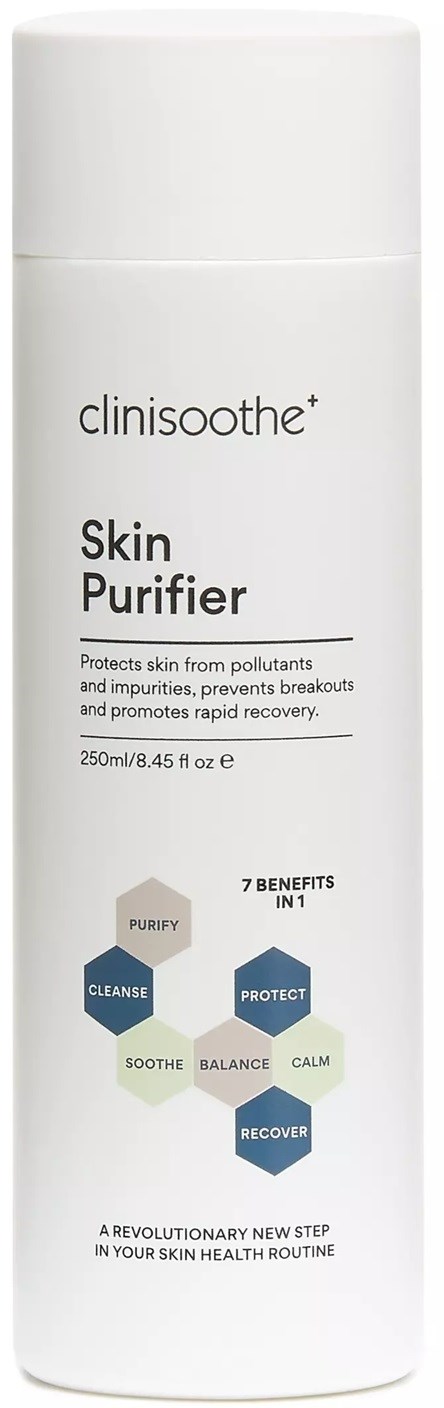 A white bottle with black text reading 'clinioothe+ Skin Purifier', 250ml, with benefits listed as cleanse, protect, soothe, balance, calm, recover.
