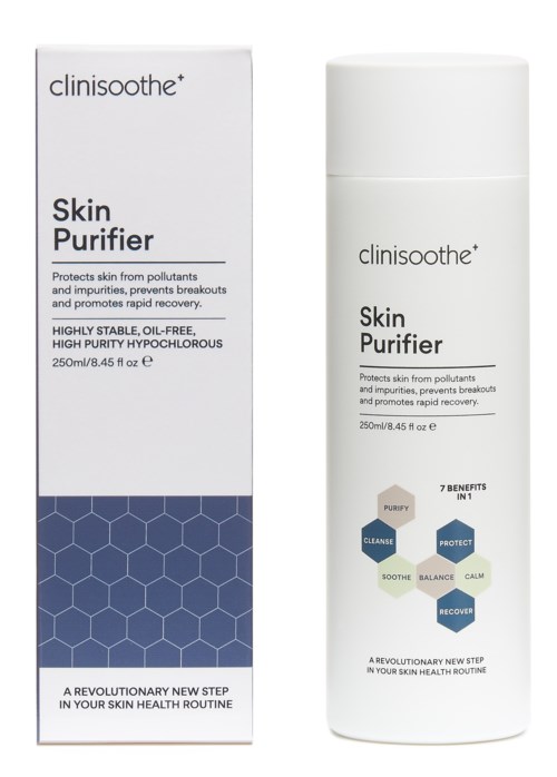 A white bottle and box of clinisooth Skin Purifier, which protects skin and promotes quick recovery.