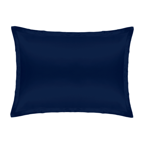 A dark blue pillow with a smooth surface and slightly curved edges.