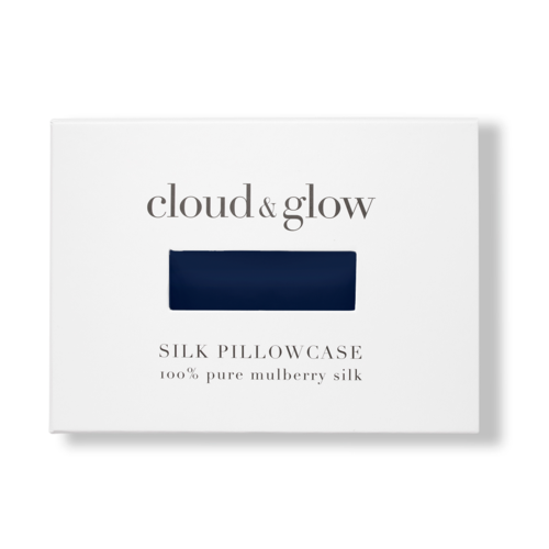 White box with text about a silk pillowcase, showing a small dark opening and shadow. Simple and clean design.