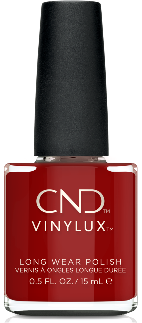 Een rode nagellakfles met een zwart deksel, gemarkeerd 'CND VINYLUX' en 'Long Wear Polish.'
