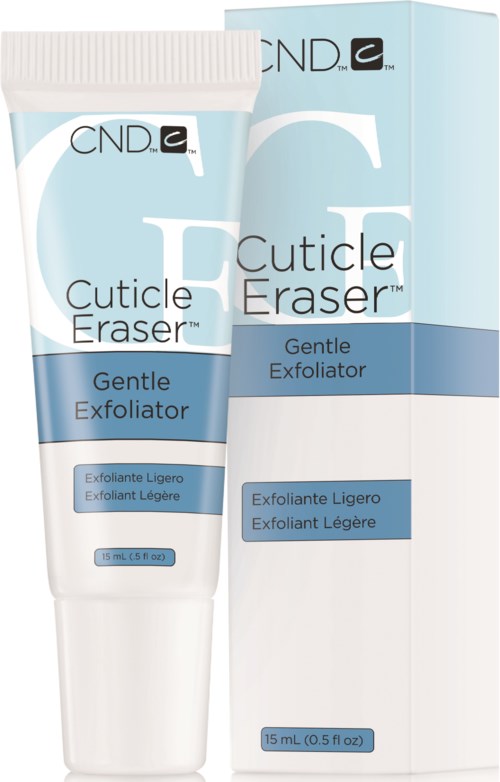 Tube en verpakking van CND Cuticle Eraser, een zachte exfoliator voor de nagelriemen, in lichtblauwe en witte verpakking.