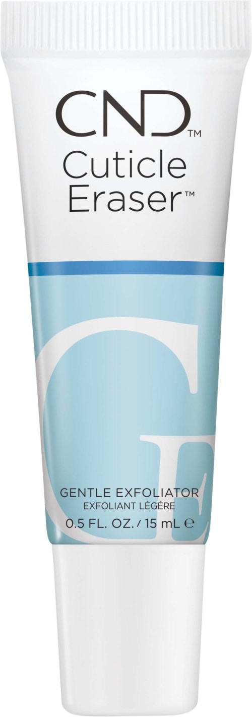 Tubes CND Cuticle Eraser, een zachte exfoliant voor nagelriemen, met blauwe en witte verpakking.