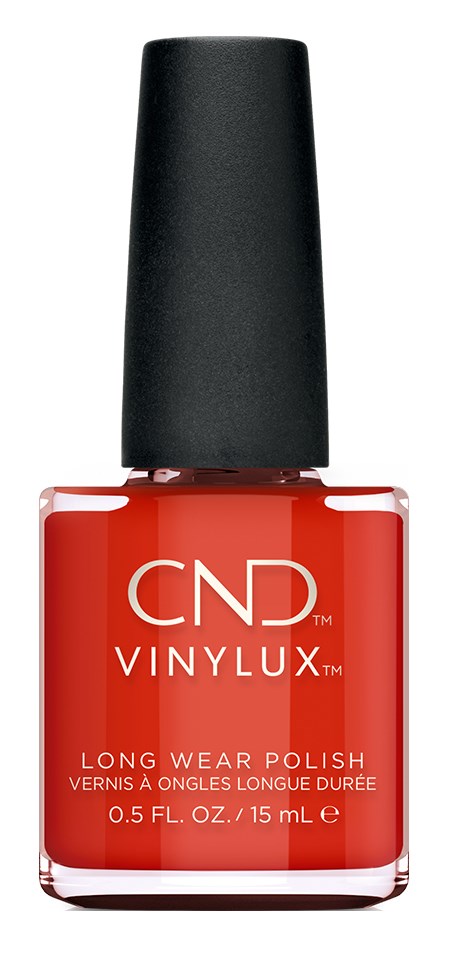 Een flesje rode nagellak met een zwarte dop, gemarkeerd CND VINYLUX, lange slijtvastheid, 15 mL.