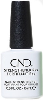 Een wit nagellakflesje met zwarte dop, gemarkeerd met CND en productinformatie.