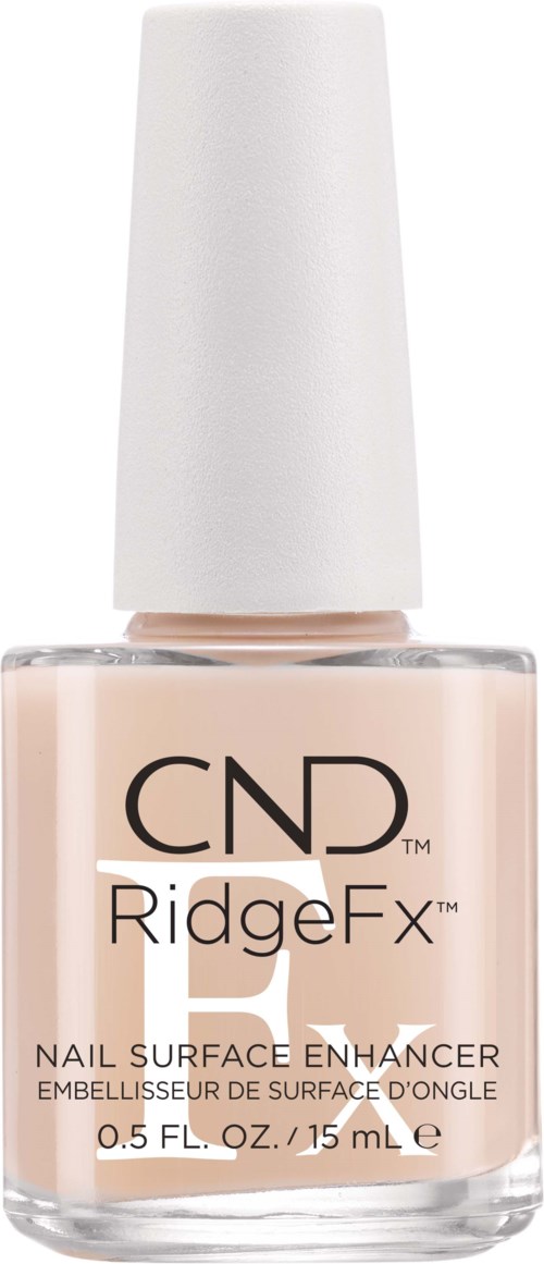 Een nagellakfles met label 'CND RidgeFx', beige kleur en witte dop.