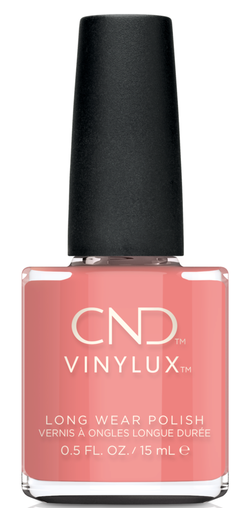 Eine Flasche rosa Nagellack mit schwarzem Deckel, beschriftet CND Vinylux Long Wear Polish.