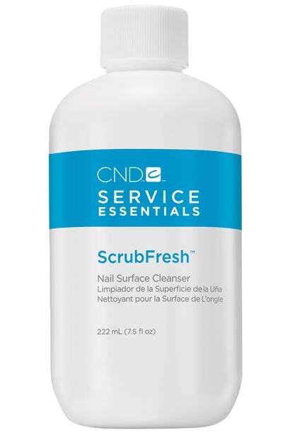 Eine weiße Flasche mit blauer Beschriftung, die 'ScrubFresh Nail Surface Cleanser' sagt, enthält 222 ml.