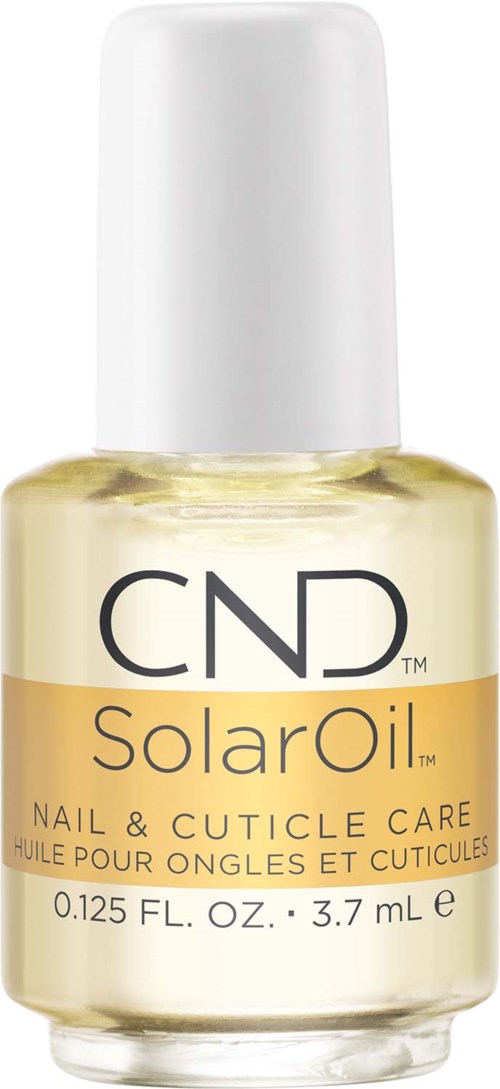 Kleine Flasche mit CND SolarOil Nagel- und Nagelhautpflege, mit weißem Deckel.