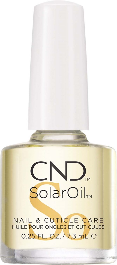 Een klein flesje CND SolarOil voor nagels en huidriem, met witte dop en label, bevat heldere olie.