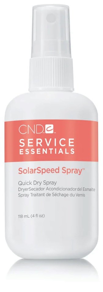 Een witte sprayfles met een rood label, genaamd SolarSpeed Spray, voor snel drogen van nagellak.
