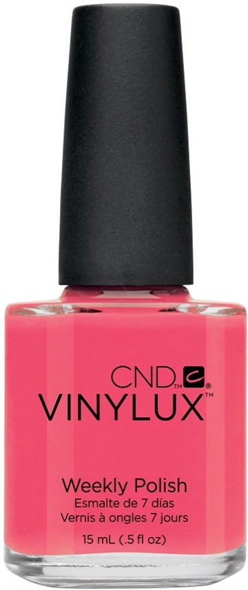 Rote Nagellackflasche mit schwarzem Deckel, gekennzeichnet CND Vinylux Weekly Polish, 15 mL.