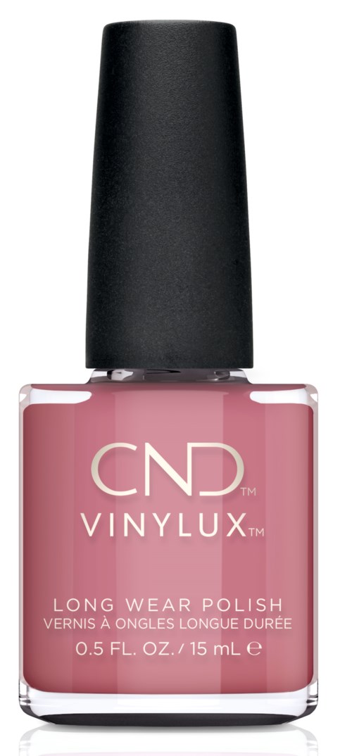 Eine rosa Nagellackflasche mit schwarzem Deckel, Markenname CND VINYLUX, langanhaltender Lack, 15 ml.