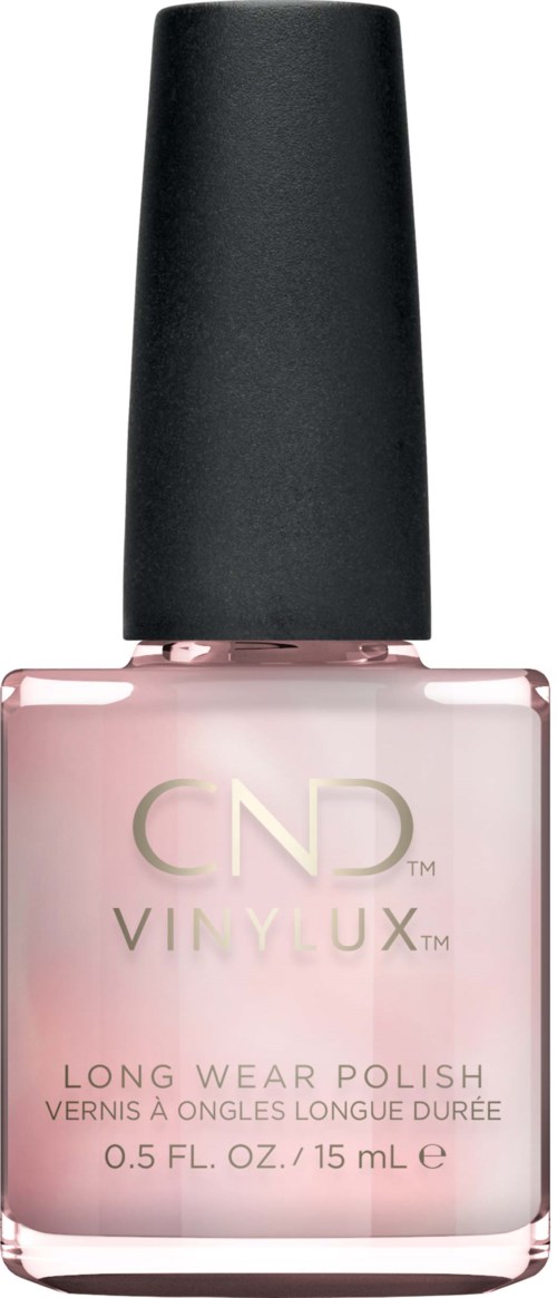 Eine CND Vinylux Nagellackflasche mit rosa Farbe und schwarzem Deckel.