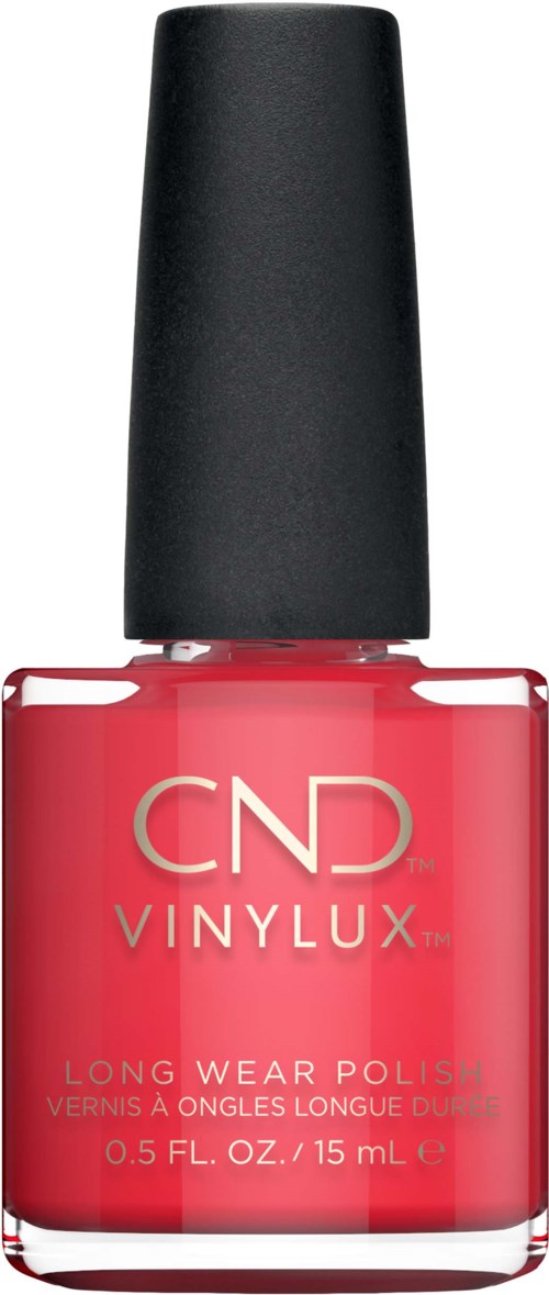 Eine Flasche pinkfarbenen Nagellacks mit 'CND VINYLUX' Beschriftung, schwarzer Deckel, für lang anhaltenden Gebrauch. Klein und kompakt.