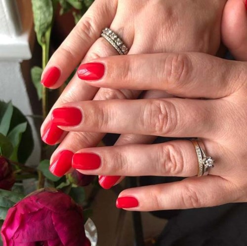Zwei Hände mit roten Nägeln, Ringe tragend, vor einer Blume und grünen Pflanzen.
