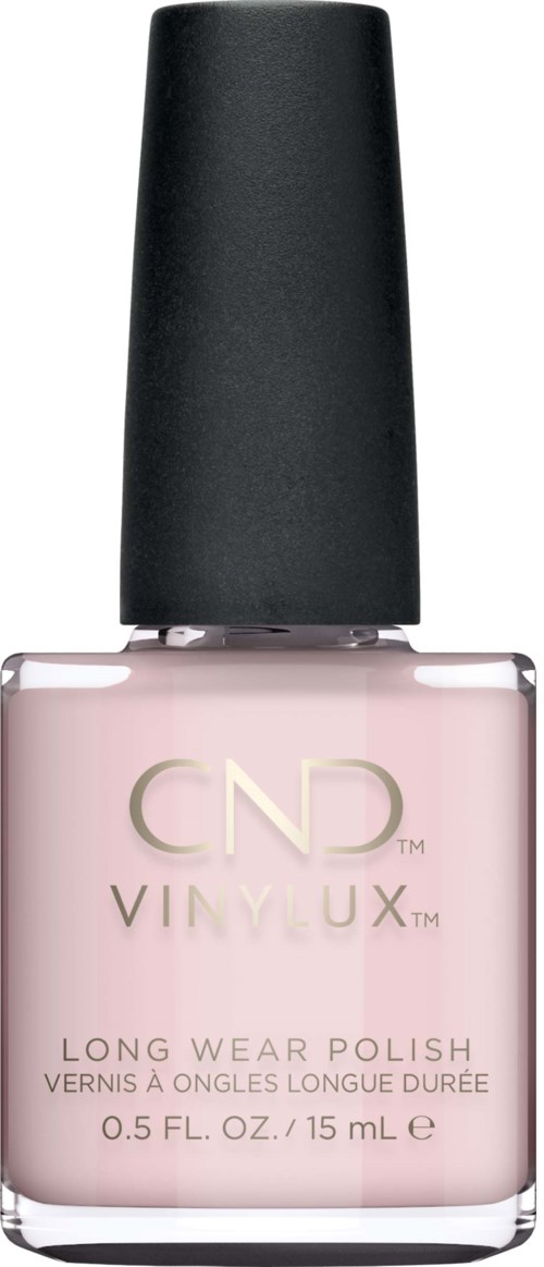 Eine hellrosa Nagellackflasche mit schwarzem Deckel, beschriftet 'CND VINYLUX LONG WEAR POLISH'.