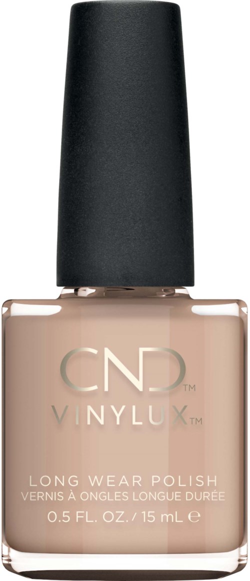 Flasche mit beigem Nagellack, schwarzer Deckel, gekennzeichnet mit CND VINYLUX, lang anhaltende Formel, 0,5 fl oz.