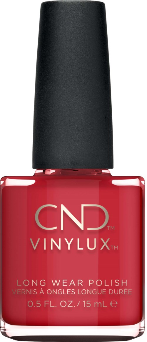 Rote Nagellackflasche mit schwarzem Deckel und CND Vinylux Logo, langlebiger Lack. Größe: 0,5 fl oz.