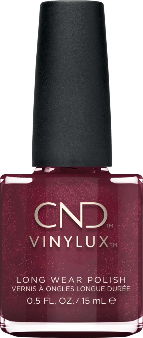 Eine Flasche rosa Nagellack mit schwarzem Deckel von CND Vinylux, 15 ml Inhalt.