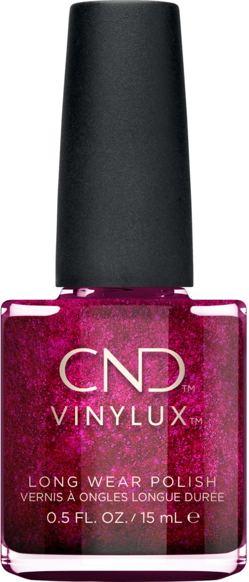 Een fles roze nagellak met het label CND VINYLUX Long Wear Polish en zwarte dop.