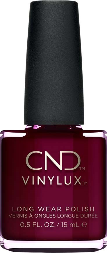Eine Flasche dunkelroter Nagellack mit schwarzem Deckel, beschriftet 'CND VINYLUX' für langen Halt. 15 ml.