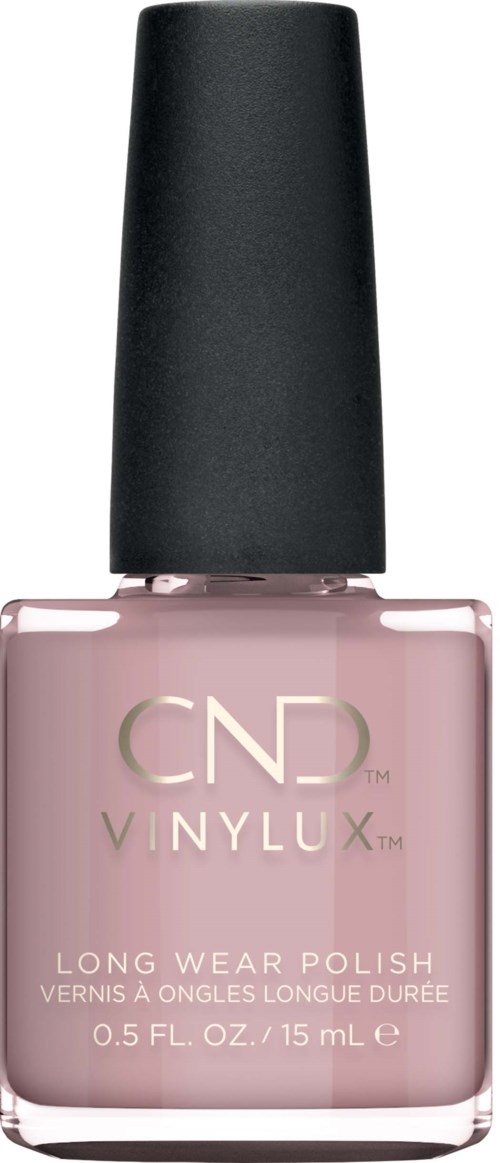 Eine CND Vinylux Langzeit-Nagellackflasche in hellrosa mit schwarzem Deckel.