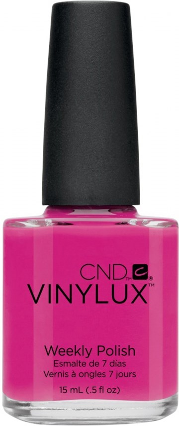 Roze nagellakfles met zwarte dop, gemarkeerd 'CND Vinylux Weekly Polish'.