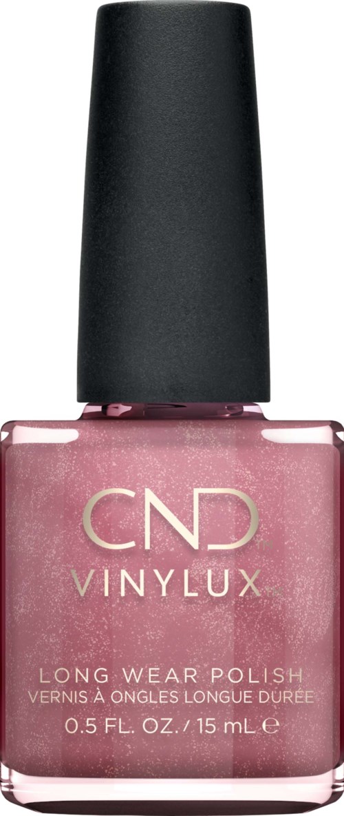 Eine rosa Nagellackflasche mit schwarzem Deckel, beschriftet CND Vinylux Long Wear Polish.
