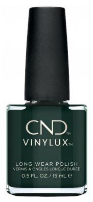 Eine dunkelgrüne Flasche mit schwarzem Deckel, beschriftet 'CND Vinylux,' für langlebigen Nagellack.