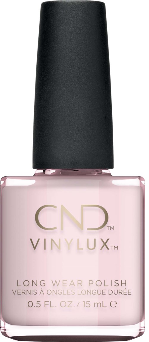 Een flesje roze nagellak met zwarte dop, gemarkeerd 'CND VINYLUX' en 'Long Wear Polish.'