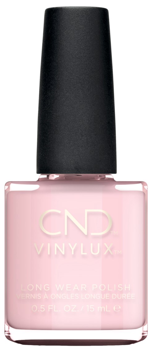 Kleine rosa Nagellackflasche mit schwarzem Deckel und CND VINYLUX-Etikett.