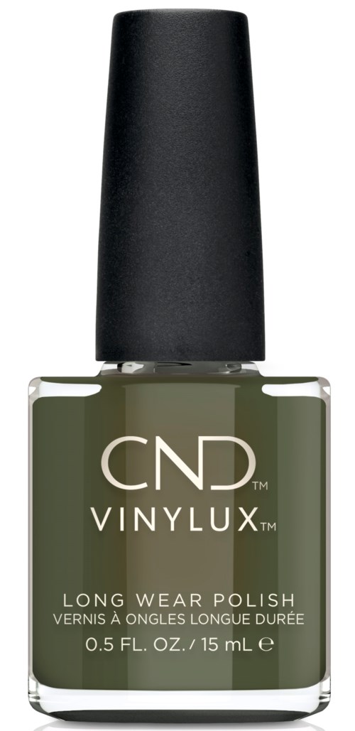Eine Flasche grüner Langzeitnagellack mit schwarzem Deckel und weißem Text, beschriftet CND VINYLUX.