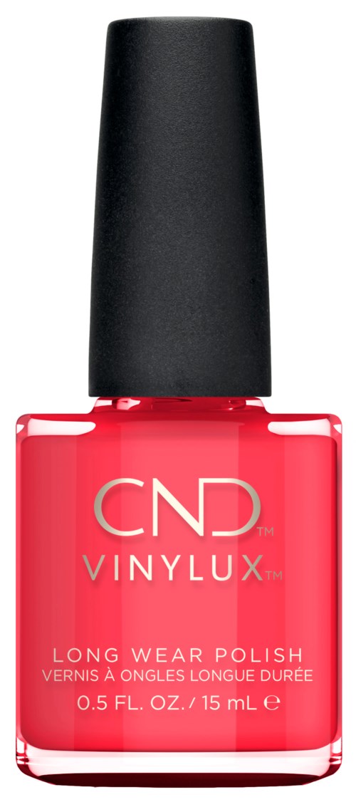 Eine Flasche rosa Nagellack mit schwarzem Deckel und Markenname CND Vinylux.