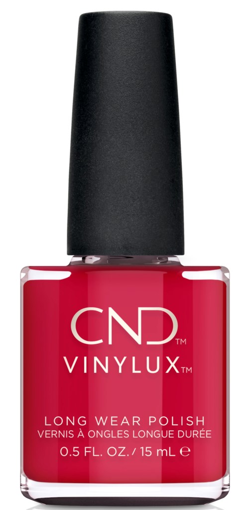 Eine Flasche roter Nagellack mit schwarzem Deckel, gekennzeichnet 'CND VINYLUX Long Wear Polish' und 15 mL.
