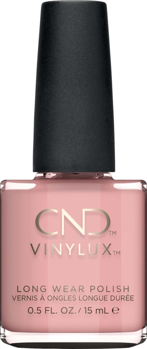 Eine rosa Nagellackflasche mit schwarzem Deckel, gekennzeichnet CND Vinylux Long Wear Polish, 15 mL.
