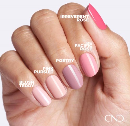 Fünf lackierte Nägel mit verschiedenen Rosa-Tönen und Namen beschriftet.