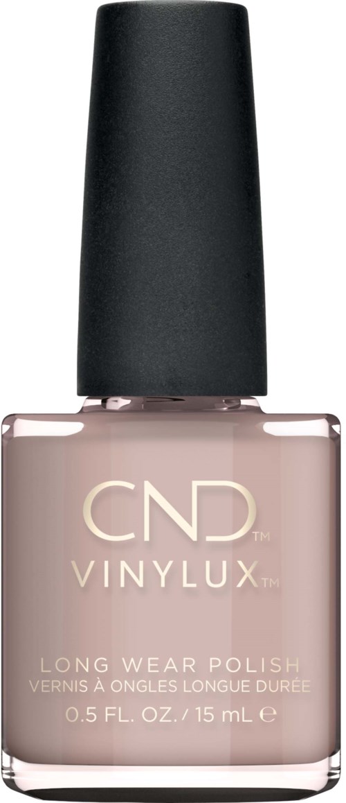 Eine Flasche CND Vinylux Long Wear Nagellack mit schwarzem Deckel und hellrosa Farbe.