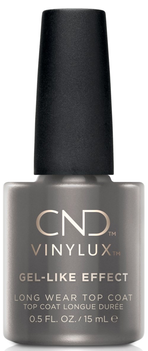 Een grijze nagellakfles met zwarte dop met het CND-merk en gel-achtig effectlabel.