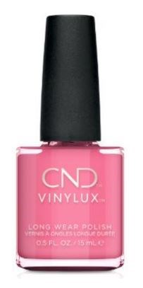 Eine rosa Nagellackflasche mit schwarzem Deckel, beschriftet CND Vinylux, langanhaltende Formel, 0,5 fl oz.
