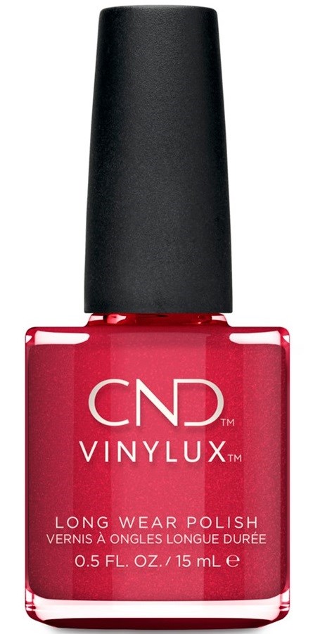 Een flesje roze nagellak met een zwarte dop, gemarkeerd "CND VINYLUX," voor langdurige draagbaarheid.