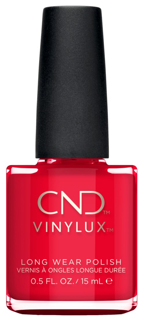 Eine Flasche roter Nagellack mit schwarzem Deckel und weißen Text. Als langanhaltender Nagellack von CND beschriftet.