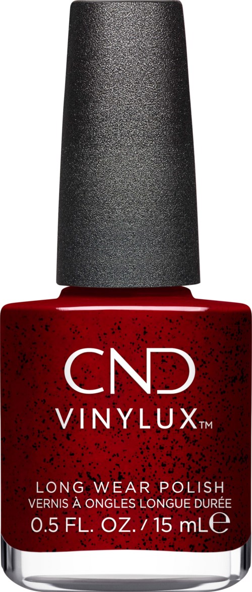 Eine rote Flasche CND Vinylux Nagellack mit schwarzem Deckel, für langanhaltende Haltbarkeit, 0,5 fl oz.