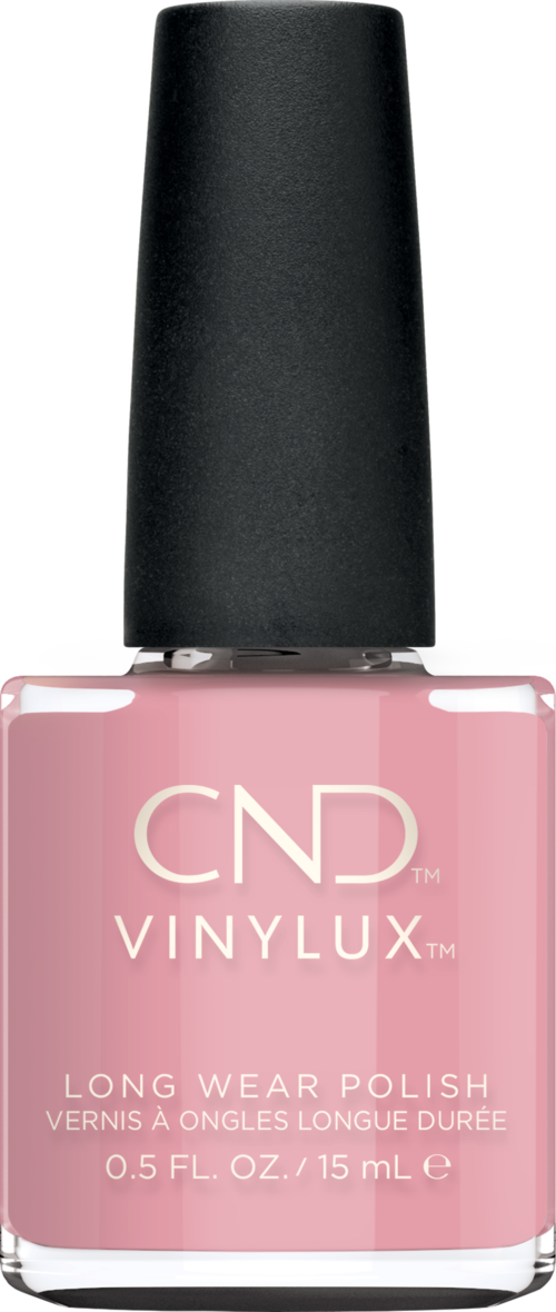 Rosenfarbener Nagellackflasche mit schwarzem Deckel, gekennzeichnet CND Vinylux Long Wear Polish.