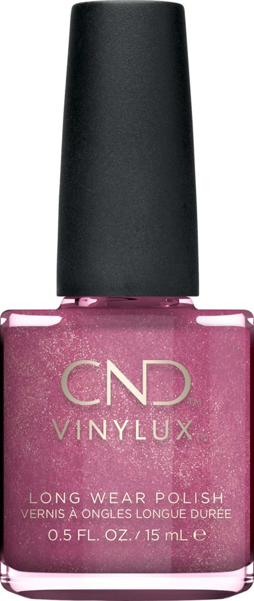 Rote Nagellackflasche mit schwarzem Deckel, beschriftet CND Vinylux Long Wear Polish.