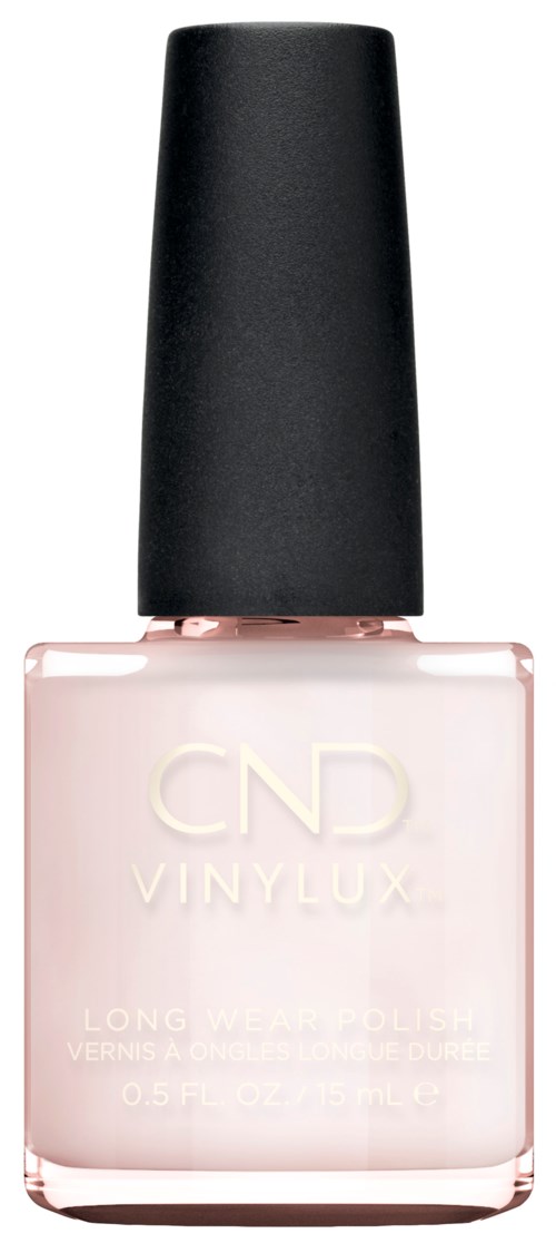 Eine Flasche hellrosa Nagellack mit schwarzem Deckel, gekennzeichnet CND Vinylux.