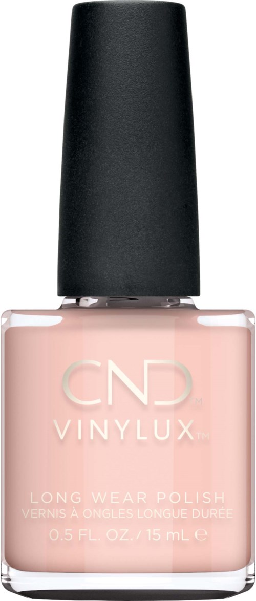Eine Flasche rosa Nagellack mit schwarzem Deckel. Das Etikett zeigt CND VINYLUX und langanhaltenden Nagellack.